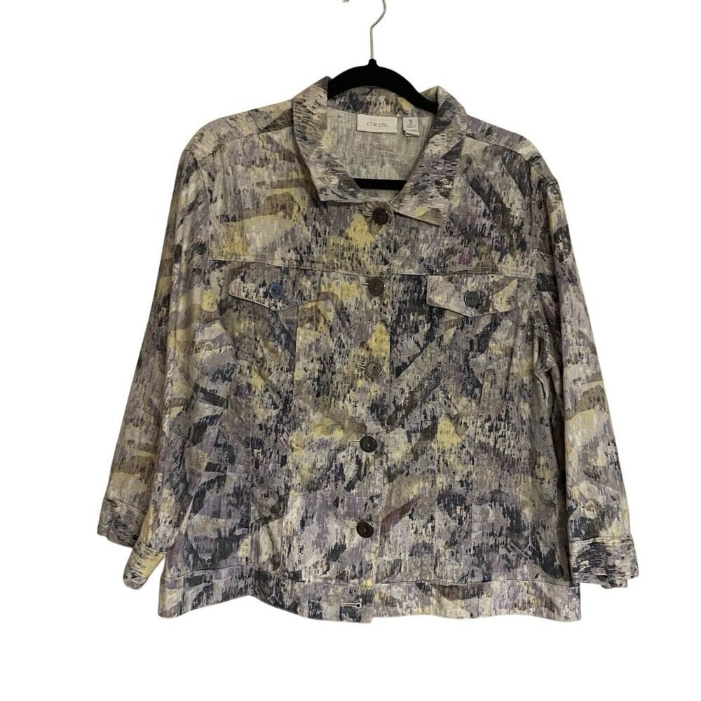 Chicos Women 3/XL Linen Cotton Abstract Watercolor Print Artsy Button Up Jacket